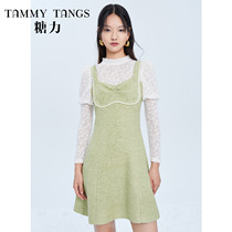 (Shopping mall same model) sugar power winter New avocado green suspender skirt thin wearing woolen dress women