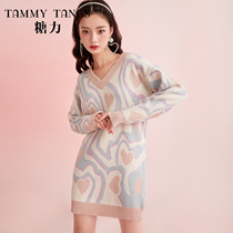 (Mall same model) sugar power winter New long sleeve print v collar bottom skirt loose knit dress women