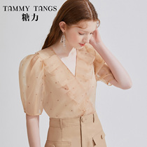 (Shopping mall same model) Sugar Power summer new short sleeve V-collar ruffle print mesh short blouse women