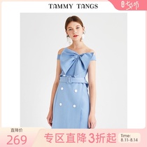 Sugar force summer new blue lady bow decoration small dress one shoulder with belt dress female