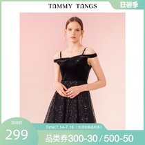 (Shopping mall with the same)Sugar force womens fashion small black dress sequin stitching dress high waist thin suspender dress