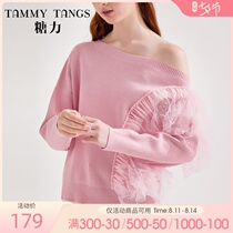 (the same style in the mall)Sugar force spring new long-sleeved mesh stitching oblique shoulder one-piece collar wool sweater top women