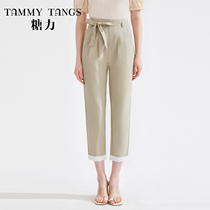 (Shopping mall same) Sugar Power summer new khaki folding ankle-length pants women high waist straps small feet casual pants