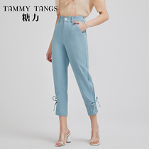 (Shopping mall same model) Sugar Power summer new lake blue high waist strap pants cotton nine casual pants women