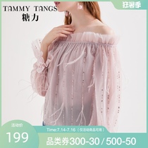 (Shopping mall with the same)sugar force spring new long-sleeved beaded feather tassel word shoulder mesh blouse top women