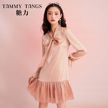 (Shopping mall same model) sugar power Spring Autumn new long sleeve bow ribbon ribbon bright silk glossy gauze dress women