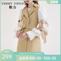 (Shopping mall with the same)sugar force spring new stitching bow long-sleeved long-sleeved double-breasted windbreaker coat female