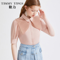 (Mall same model) Sugar Power summer new bow shirt female cotton five-point Bubble Sleeve Shirt shirt