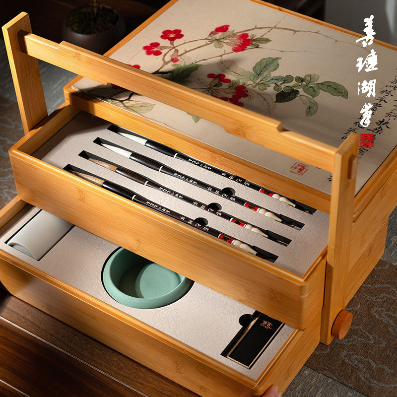 Shanlianhu pen, Fusang Youzhi, four treasures of study set, pen, ink, paper and inkstone, complete set of inkstone, ink stick, ink block hanger, brush calligraphy set, Zhenzhi traditional Chinese painting, exquisite study gift box for gift giving