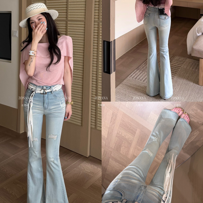 Zonana-26 Summer New Retro Hip-Lifting Ripped Ultra-Thin Flared Jeans (with Waist Rope)