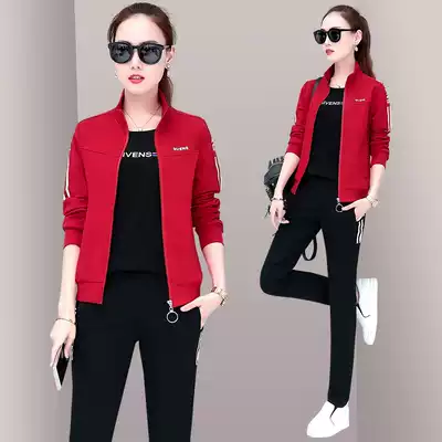 Spring and autumn sports suit women's 2021 new fashion spring loose casual clothes sweater stand-up collar three-piece running