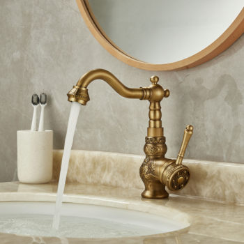 Antique Carved All-Copper Faucet for Home Use, Hot and Cold Water, American Retro Style, Bathroom Washbasin Single-Hole Faucet