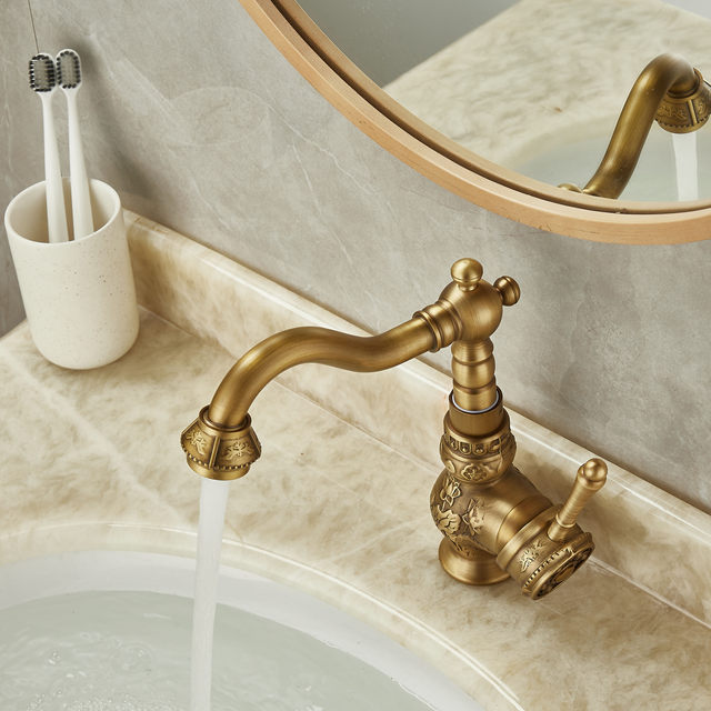 Antique carved all-copper faucet household hot and cold water American retro bathroom washbasin single-hole faucet