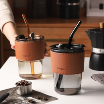 Coffee cup designer Amber Color Glass Cup With Lid Straw Cup Creative students Carry-on Cups Cold Extraction Cup