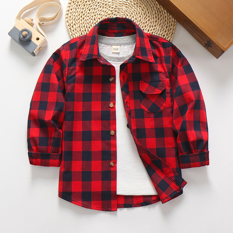 Boys spring and autumn boys long-sleeved shirts T C blended summer thin plaid shirts children's tops Western style in the big boy tide