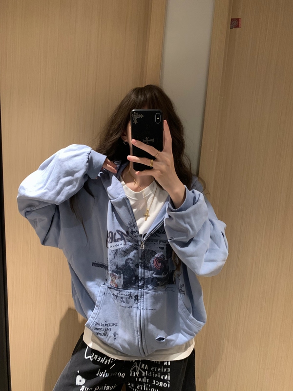 Yinlian American-Style Blue Vintage Letter Print Hooded Sweatshirt for Women, Loose Casual Versatile Top for Men