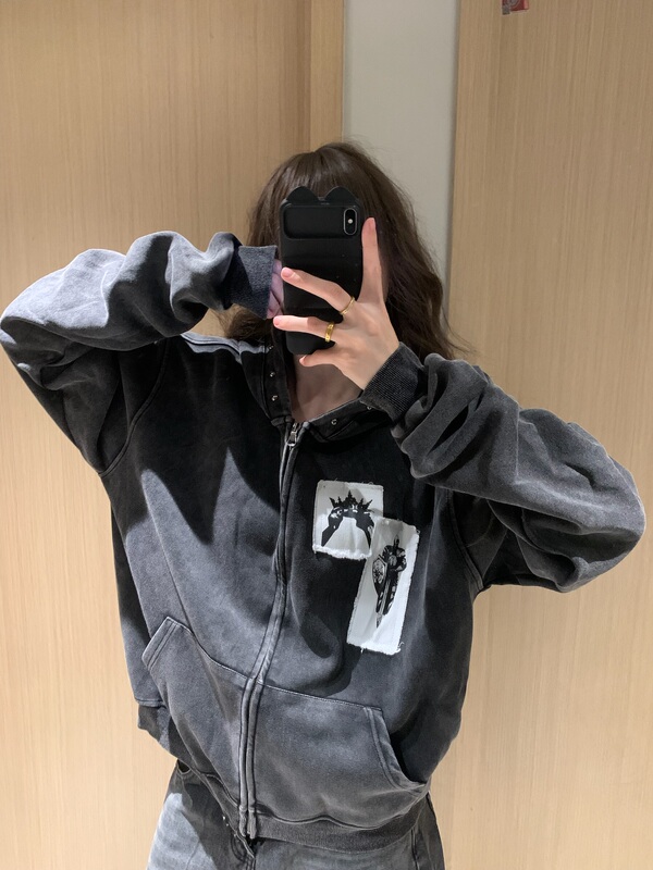 Yinlian American-Style Washed Vintage Rivet Patch Hoodie Unisex Loose Cardigan Zipper Jacket Yinlian American-Style Washed Vintage Rivet Patch Hoodie Unisex Loose Cardigan Zipper Jacket