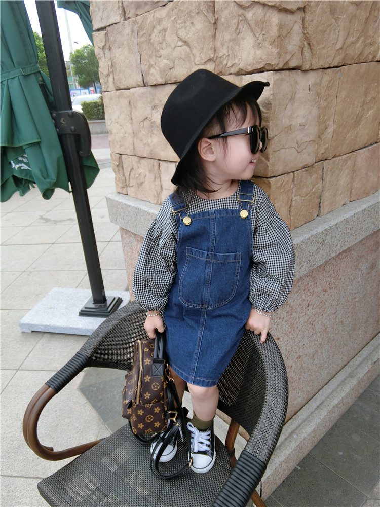 Bộ đồ trẻ em mùa xuân 2018 mới cho trẻ em váy kẻ sọc bé + váy denim bé gái quây váy áo phao trẻ em mùa đông