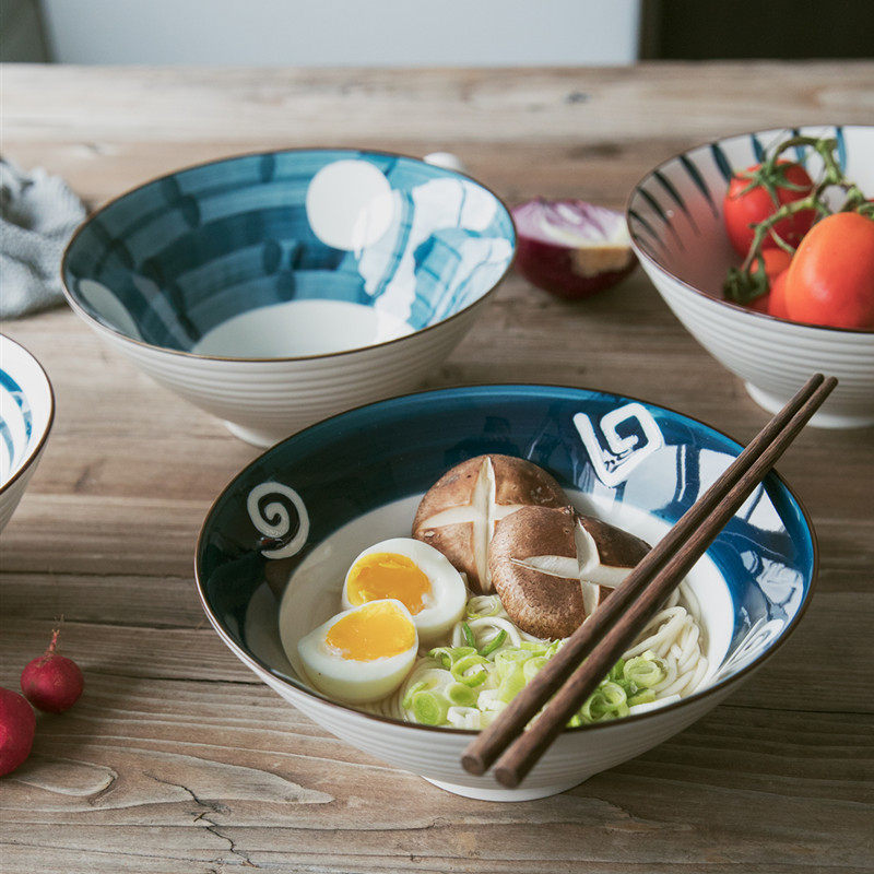 Japan-style Bubble Noodle Bowl of Ceramic Large Horn Soup Noodle Home Beef Noodle Bowl Mix Noodles a Noodle Fruit Salad Bowl Commercial Noodle