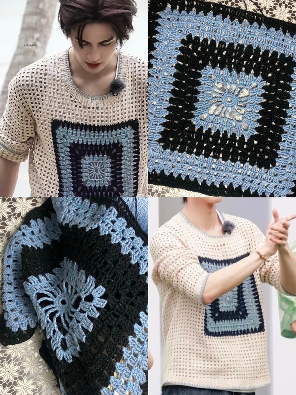 Zhang Linghe's Same Style Sweater, Granny Check Blue and White Color-Blocked Blouse Material Kit