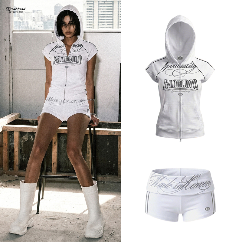 Badblood American Letter Print Zipper Hooded Short-Sleeved Hoodie and Ultra-Short Shorts Sports Suit White Two-Piece Set Badblood American Letter Print Zipper Hooded Short-Sleeved Hoodie and Ultra-Short Shorts Sports Suit White Two-Piece Set