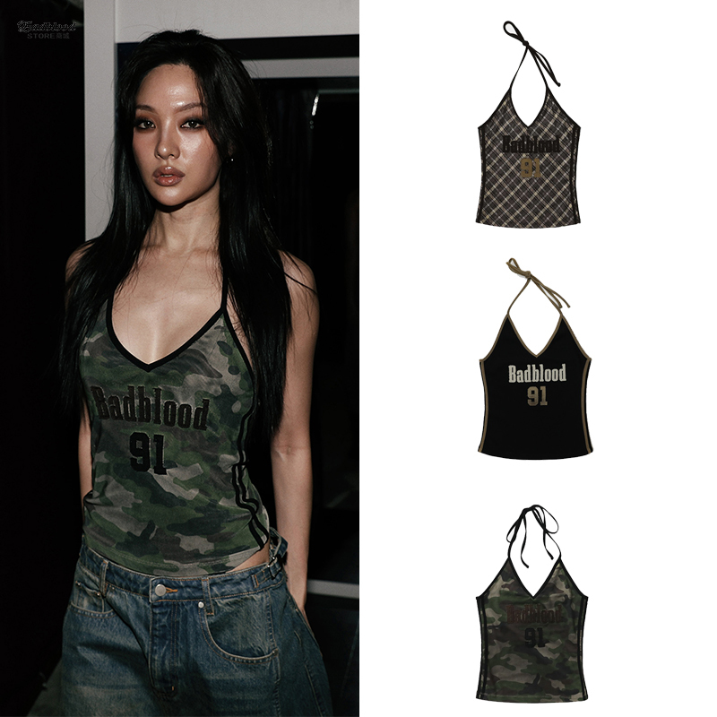 Badblood Girl Group Pharita's Same Style Hot Girl Halter Neck Strapless Embroidered Sexy Pure Desire Camouflage Tie-Up Tank Top