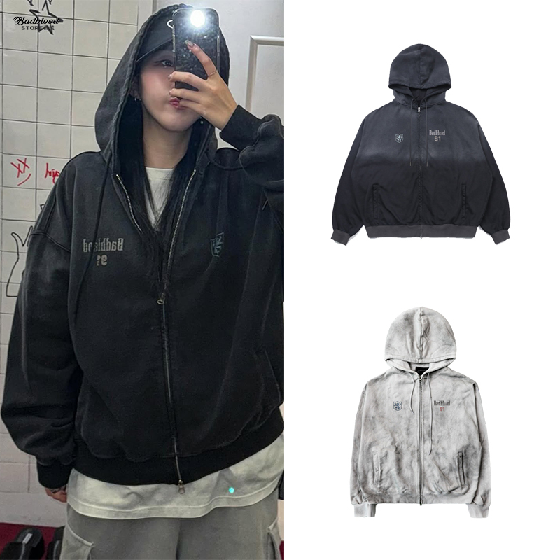 Badblood American Style ins Blogger Washed Letter Print Hooded Sweatshirt Unisex Zipper Vintage Hoodie Jacket