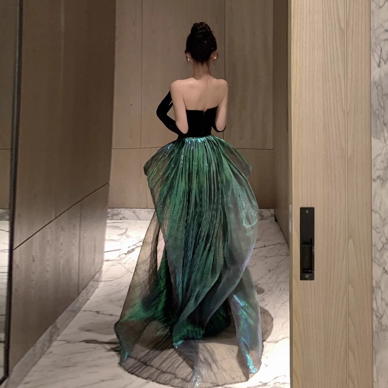 Black Trailing Strapless Evening Dress for Women, High-End Exquisite Vintage Velvet Elegant Banquet Mermaid Fishtail Dress