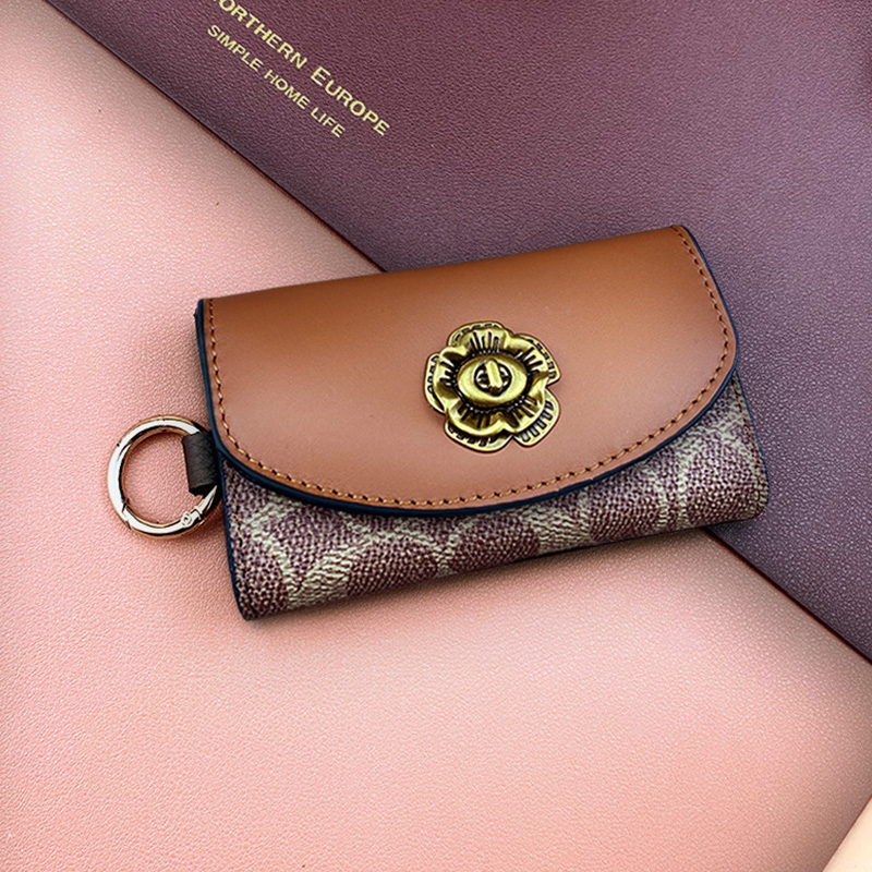 2021 Mountain tea Flower New women's style European and American multifunctional genuine leather keys Bau leather car key buckle key bag