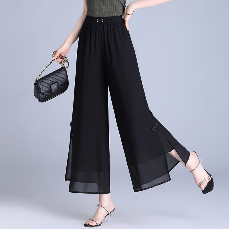 Chinese Style Slit Chiffon Wide-Leg Pants for Women, Summer Thin Loose Nine-Point Pants, Elegant Mom Pants, High-Waisted Skirt Pants