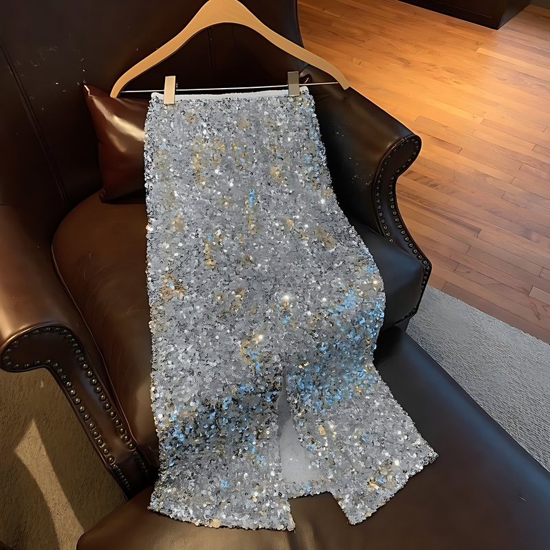 Elegant Silver Sequin Midi Skirt for Women, High-Waisted, Hip-Covering, with a Stylish Slit Design, Suitable for Spring and Autumn