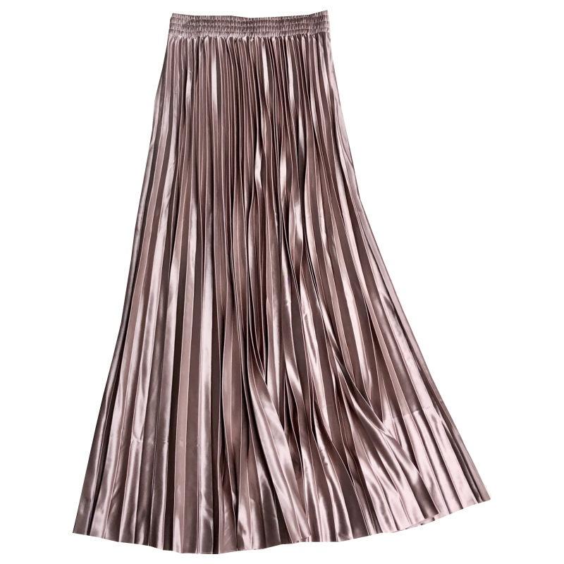 Spring and Autumn New Metallic Pleated Skirt, High-Waisted, Fashionable Pearlescent Satin, Extended A-Line Long Skirt