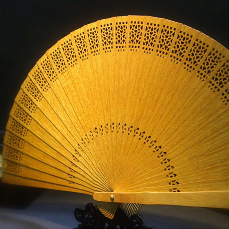 Golden silk Nan wood demolition house old material Su fan Chinese style hand-cut carving solid wood fan craft gift fan
