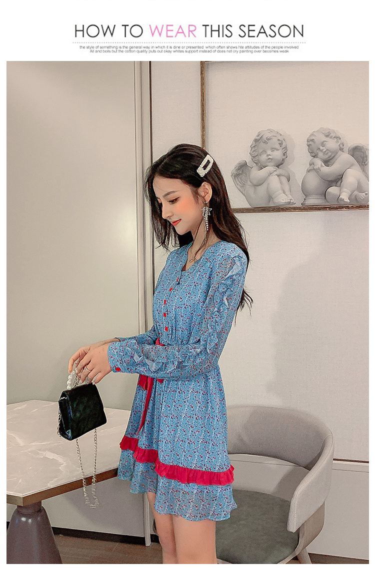 VK旗艦店 韓國風復古碎花雪紡木耳邊收腰長袖洋裝