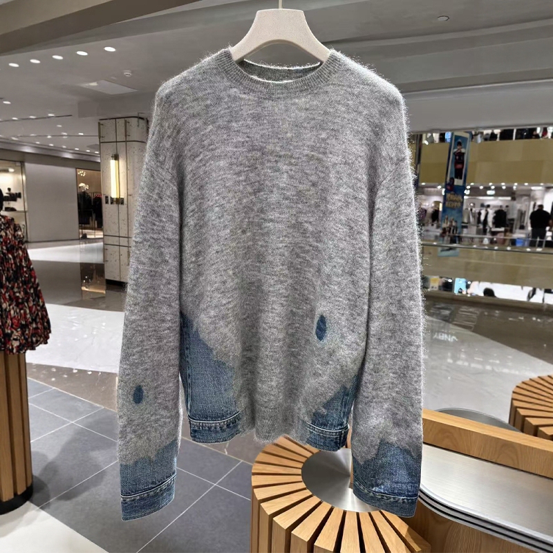 In Stock [Same Style as in the Mall] 2025 Winter New Loose Denim Needle-Punched Patchwork Pullover Knit Sweater for Women