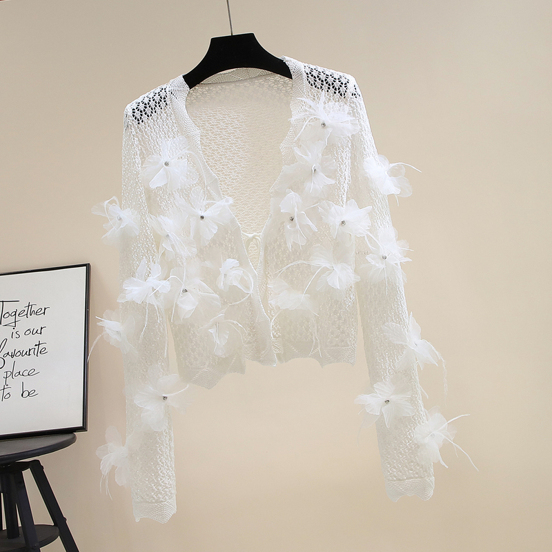 French-Style Niche Three-Dimensional Feather Flower Knit Cardigan for Women, Sheer Hollow-Out V-Neck with Rhinestones, Gentle Style Short Jacket