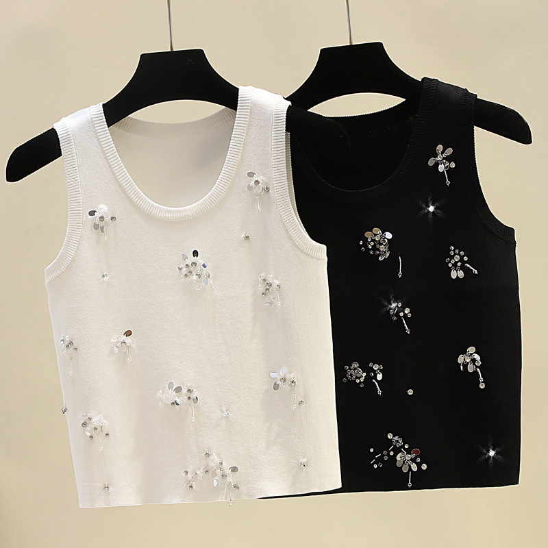 Handmade Sequin and Rhinestone Knitted Vest for Women, Stylish, Slim-Fitting, Short, Sleeveless, Ice Silk Top