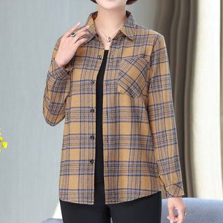 棉格子衬衫女春秋装中老年妈妈装开衫薄外套休闲长袖衬衣上衣潮