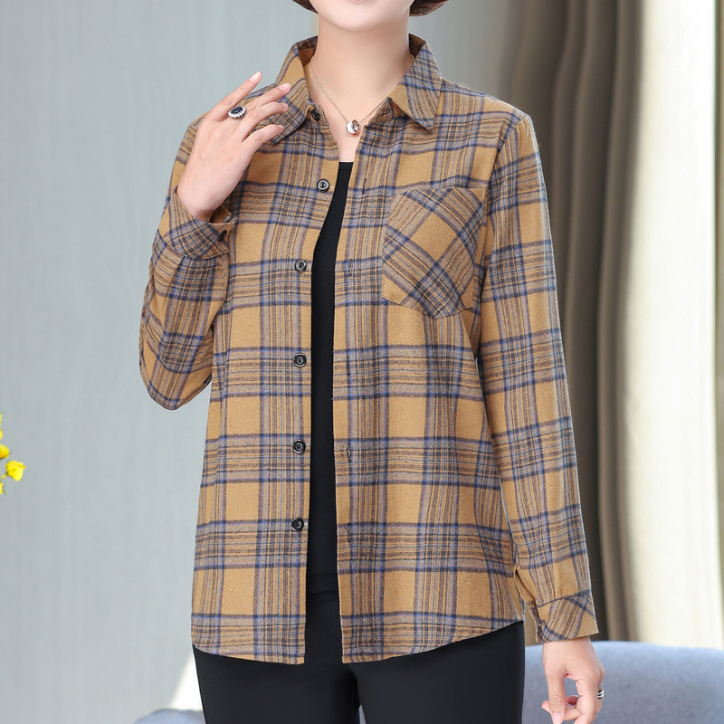 Cotton Plaid Shirt for Women, Spring and Autumn Wear, Middle-Aged and Elderly Mother's Wear, Cardigan, Thin Jacket, Casual Long-Sleeved Shirt, Trendy Top