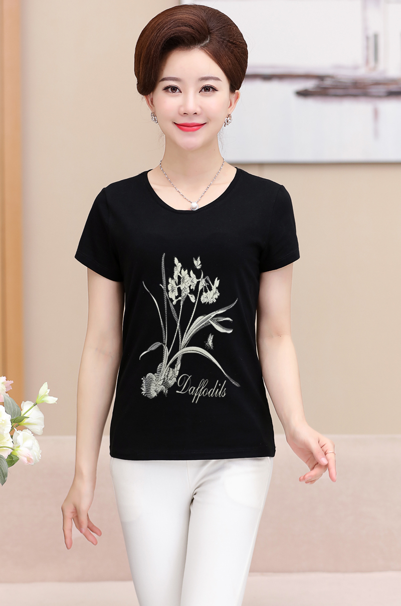 Mới mùa xuân và mùa hè ngắn tay t-shirt nữ vòng cổ phương thức bông trung niên sọc áo của phụ nữ áo sơ mi loose mẹ ăn mặc