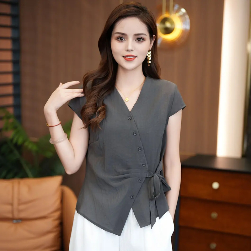 Fashionable Short-Sleeved Shirt for Women 2025 Summer New Style Age-Reducing Waist-Slimming V-Neck Irregular Tie-Up Blouse Top