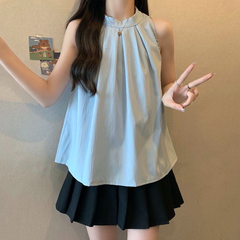 Korean Style Sleeveless Halter Neck Shirt for Women, New Summer Hot Girl Tank Top, Fashionable and Unique Design, Trendy Blue Top