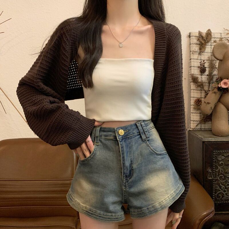 Korean Style Small Shawl Sun Protection Cardigan for Women, Summer Thin Outerwear, Hollow Loose Short Knitted Long-Sleeved Jacket