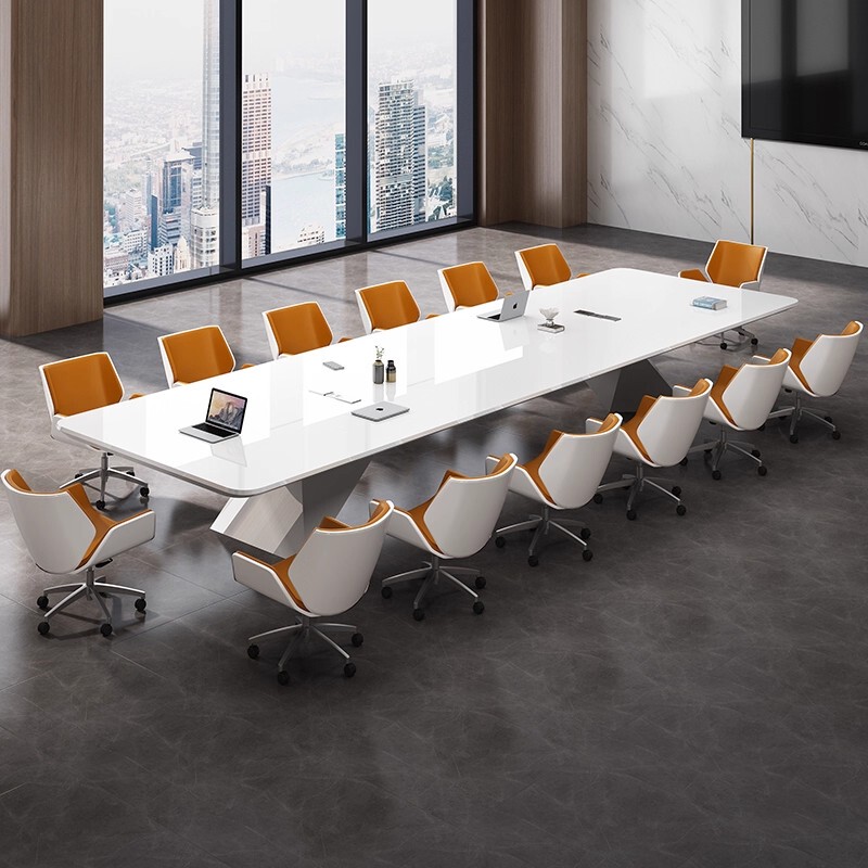 Painted Conference Table, Long Table, Simple Modern White Long Table, Conference Room Negotiation Table, 10-Person Office Desk and Chair Set