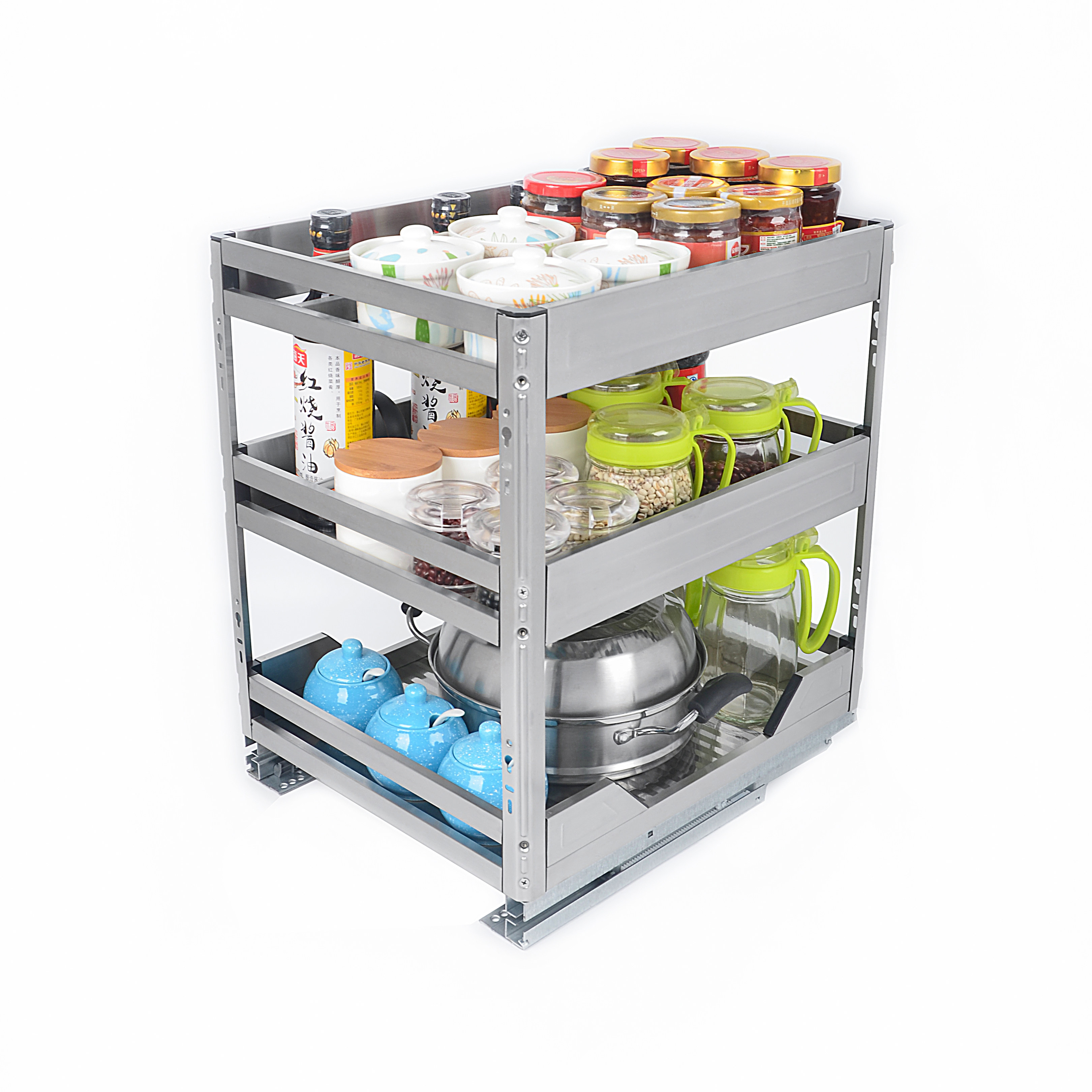 Kitchen integral cabinet 304 stainless steel cushion drawer-type sauce bottle seasoning basket damping vertical pull basket built-in 200 cabinet