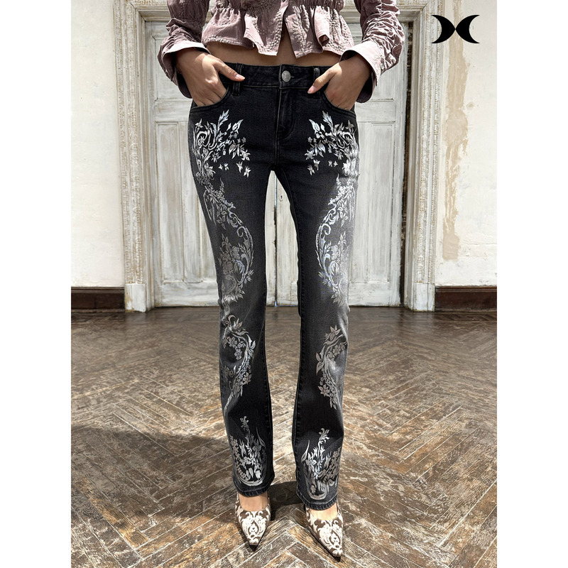 Hol!Day Metallic Silver Coated Vine Pattern Washed Faded Gray-Black High-Stretch Flared Low-Rise Jeans