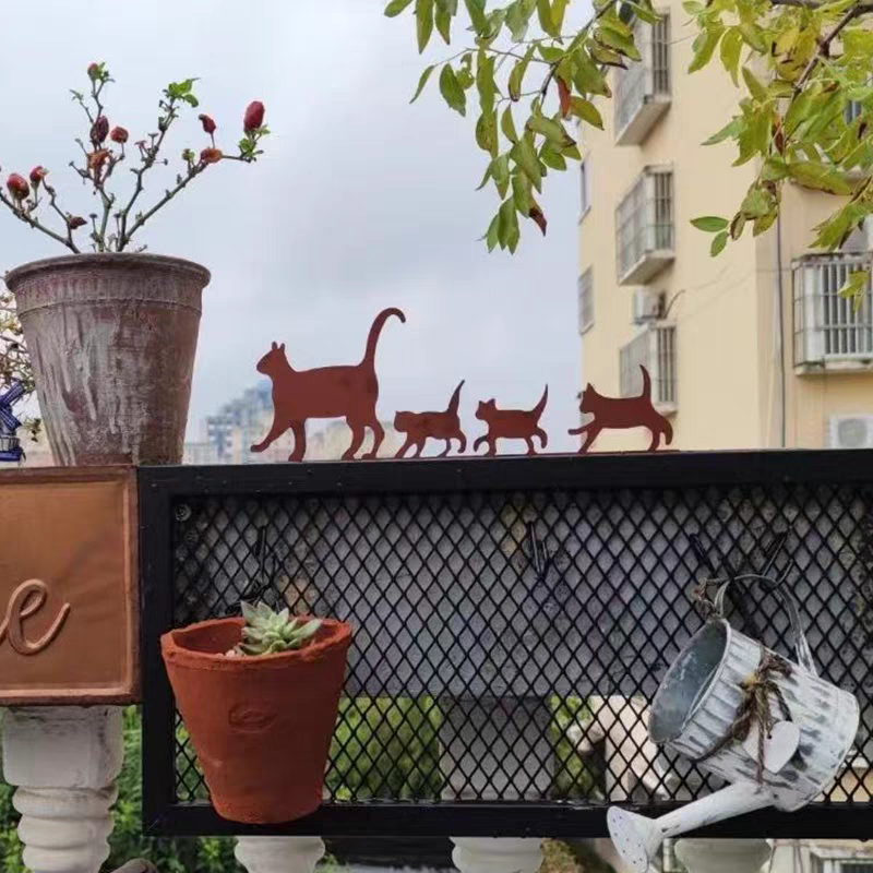 户外/庭院摆件 猫咪母子组合剪影木栅栏装饰做旧金属猫雕塑铁艺挂件庭院围墙摆件
