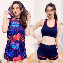 Split hot spring suit Bathing suit womens three-piece suit with hat conservative cover belly thin student ins wind swimming