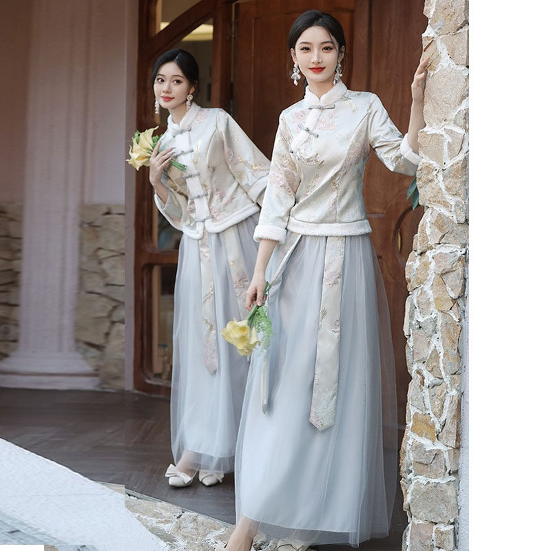 Bridesmaid's clothes Chinese sister group autumn and winter new retro style senior sensation Little crowns slim and long sleeve bestie gown dress-Taobao