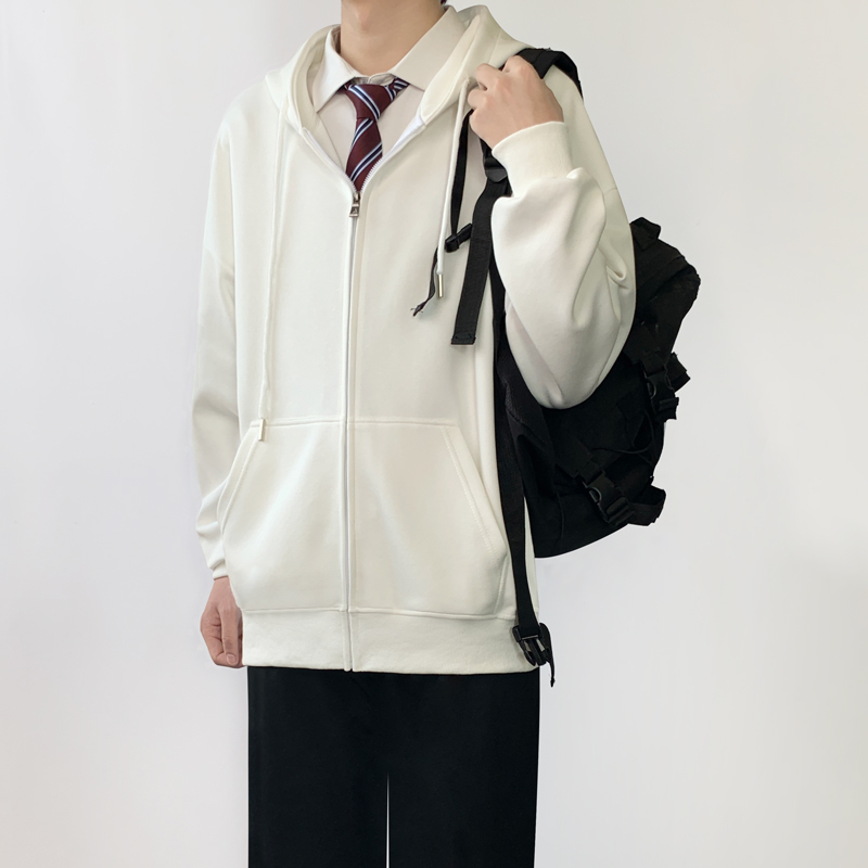 Uncle Kimura Dk Japanese-Style White Hooded Sweatshirt for Men, College Style, Solid Color, Casual Zipper, Spring and Autumn Outerwear